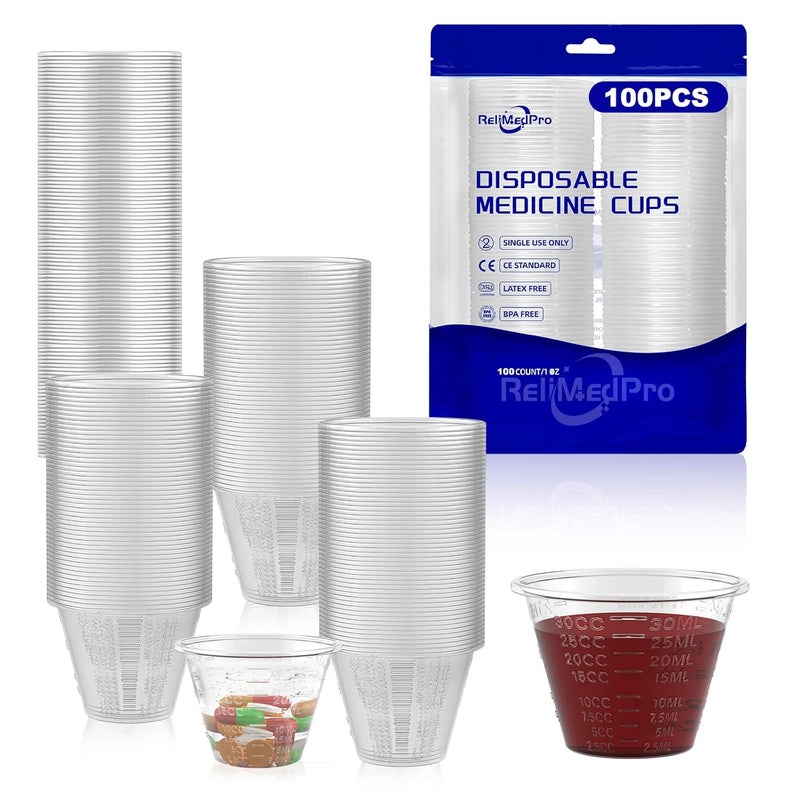 ReliMedPro Disposable Medicine Cups Graduated, Bulk Pack of 100, 1 oz (30ml) Small Plastic Measuring Cup for Liquid Medication, Paint, epoxy, Pill and Resin. - Image 1